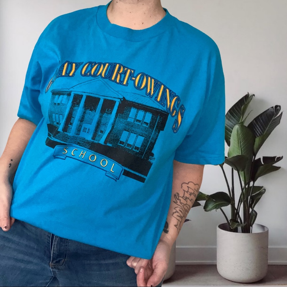 Vintage 80’s Grey Court-Owings School Graphic Tee Blue XL